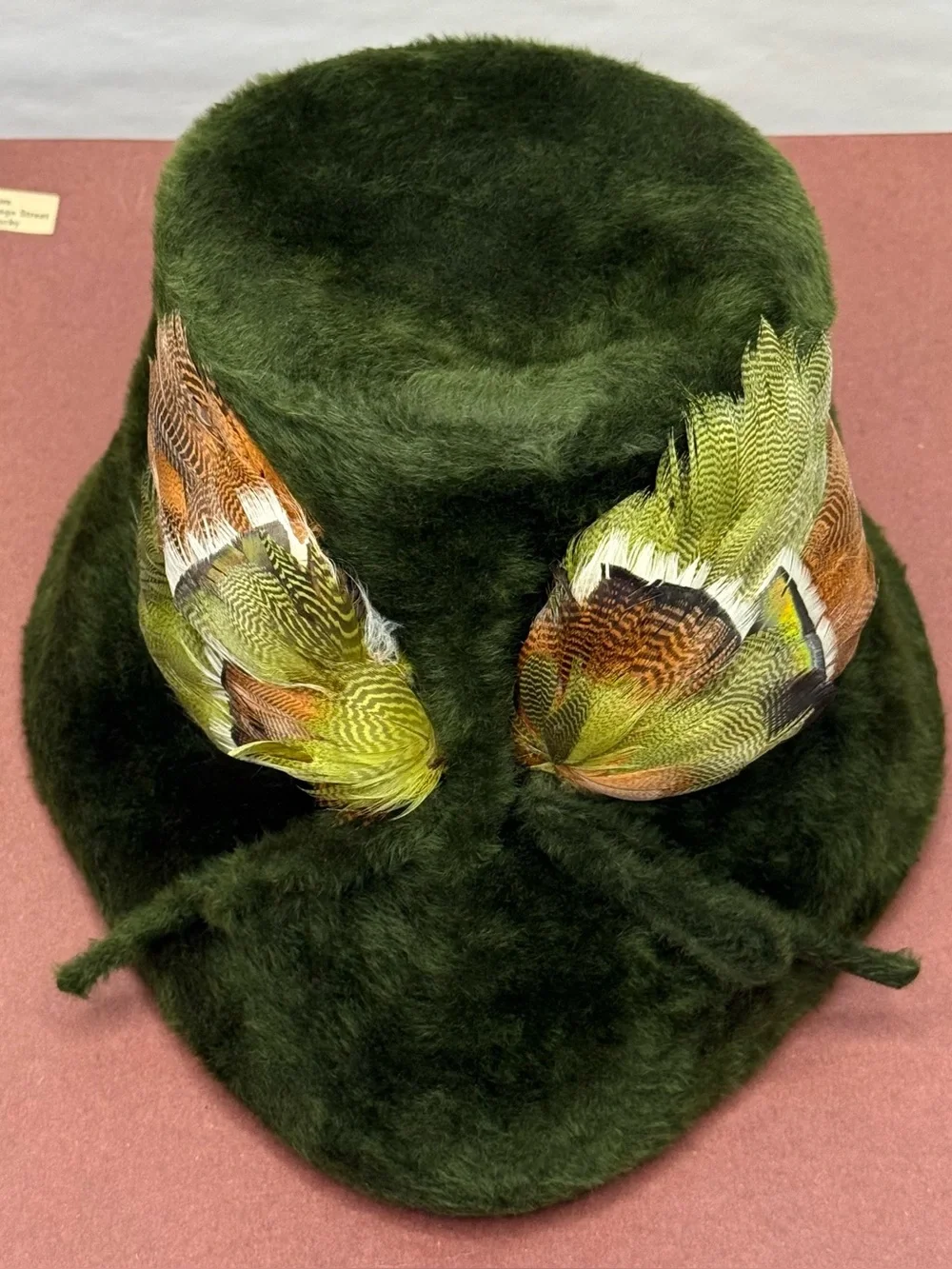 Vintage 1960s Italy Fur Felt Bucket Hat Pheasant Feather Green Cain Sloan Boxed